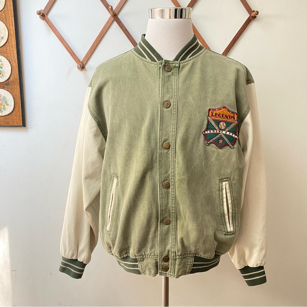 Vintage Olive Green and Cream Varsity Bomber Jacket